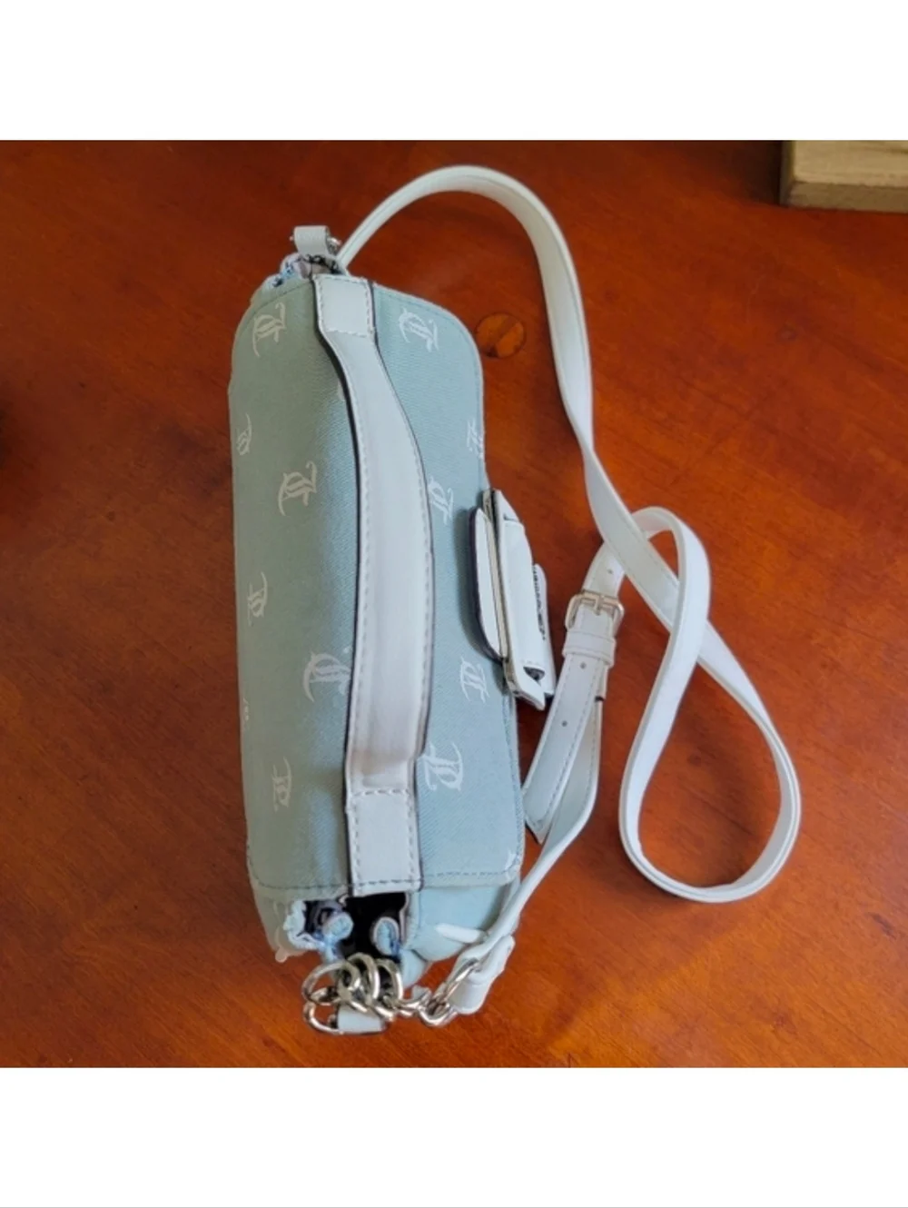 Juicy Couture Y2K Denim Monogram Blue White Crossbody Bag Vegan Leather
